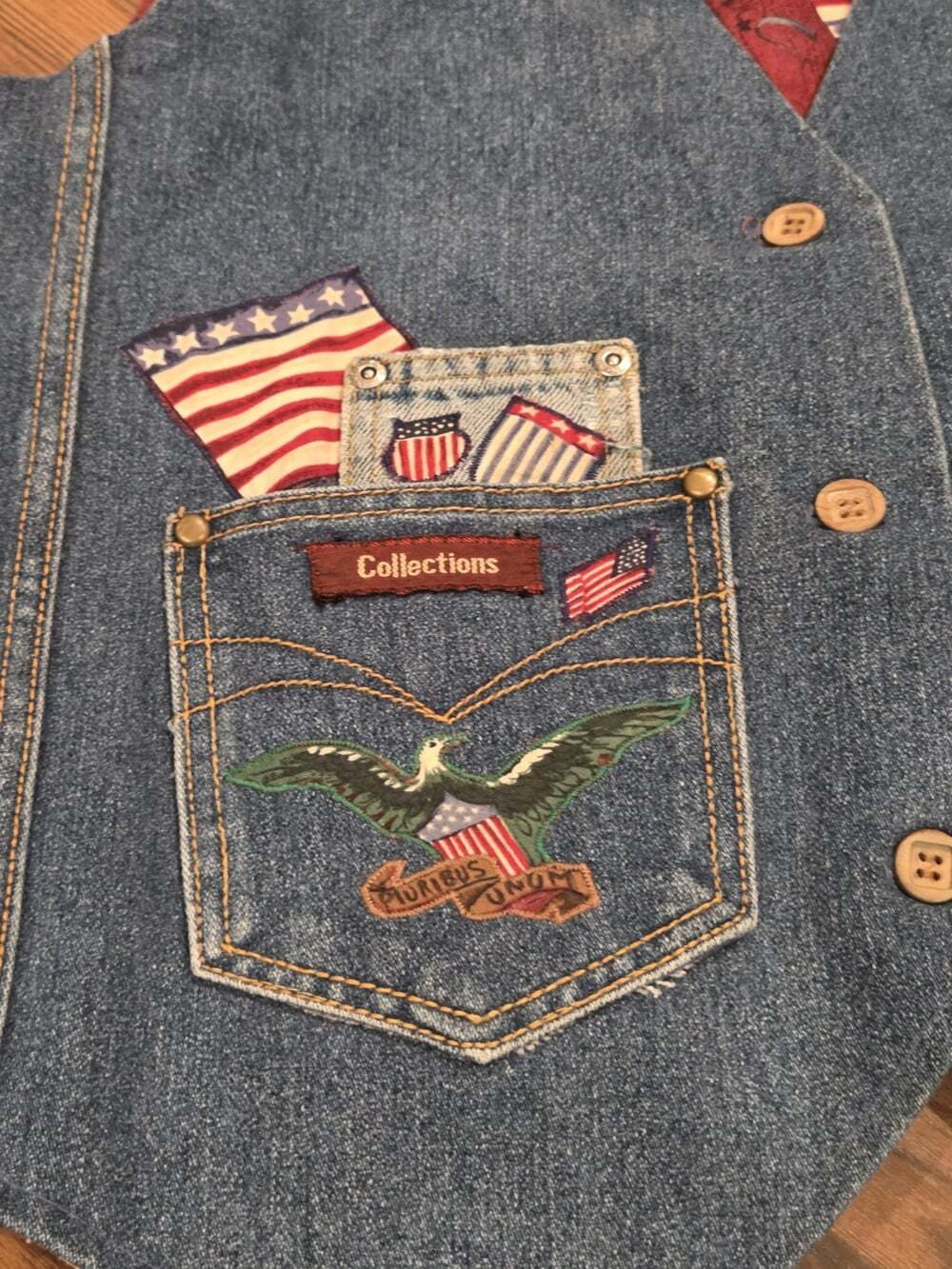 Vintage 90s Arizona Jean Co Denim Vest Patriotic Americana Eagle Flag Quilted M - Picture 5 of 11
